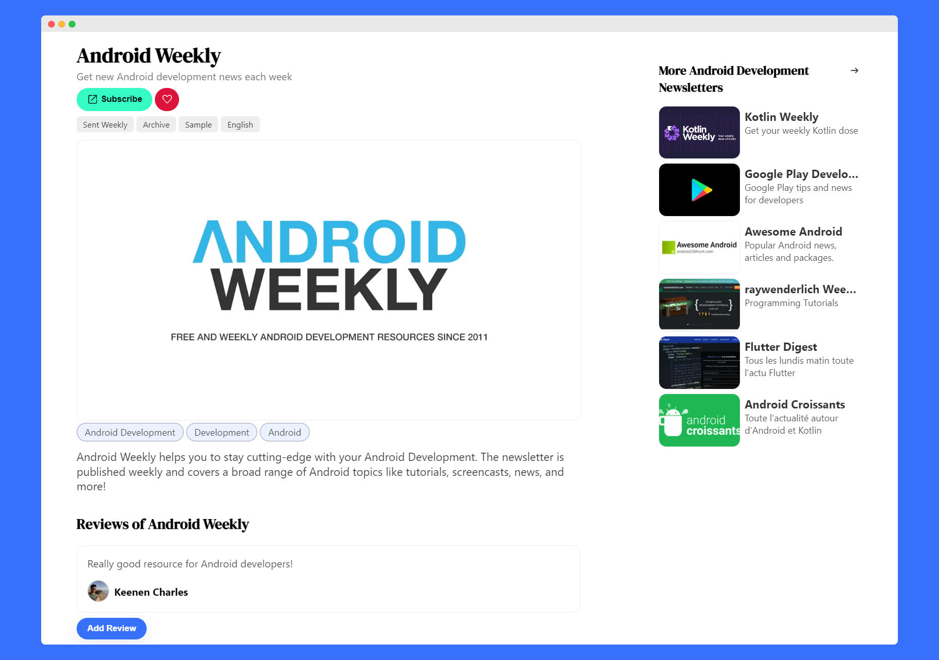 Screenshot of a review of the Android Weekly newsletter