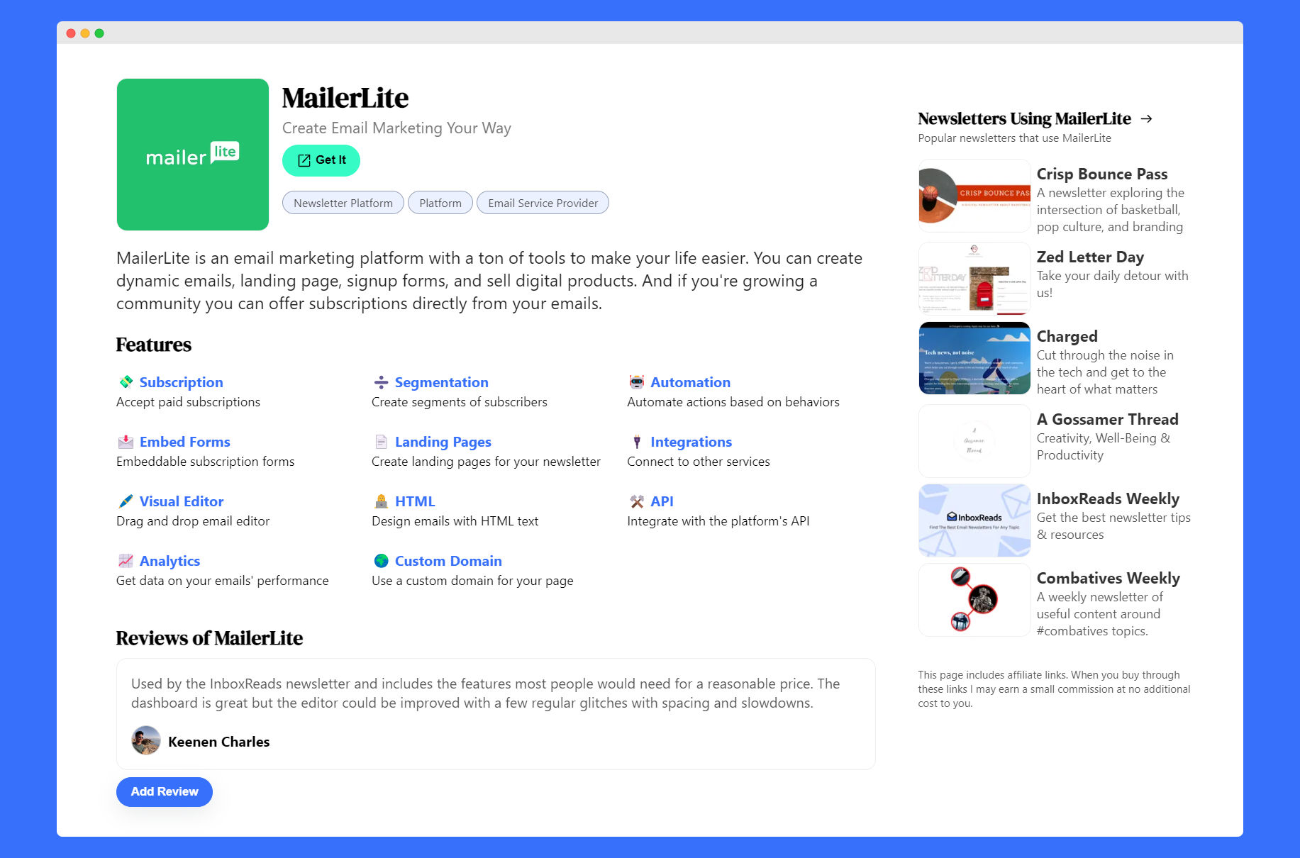 Screenshot of a review of MailerLite