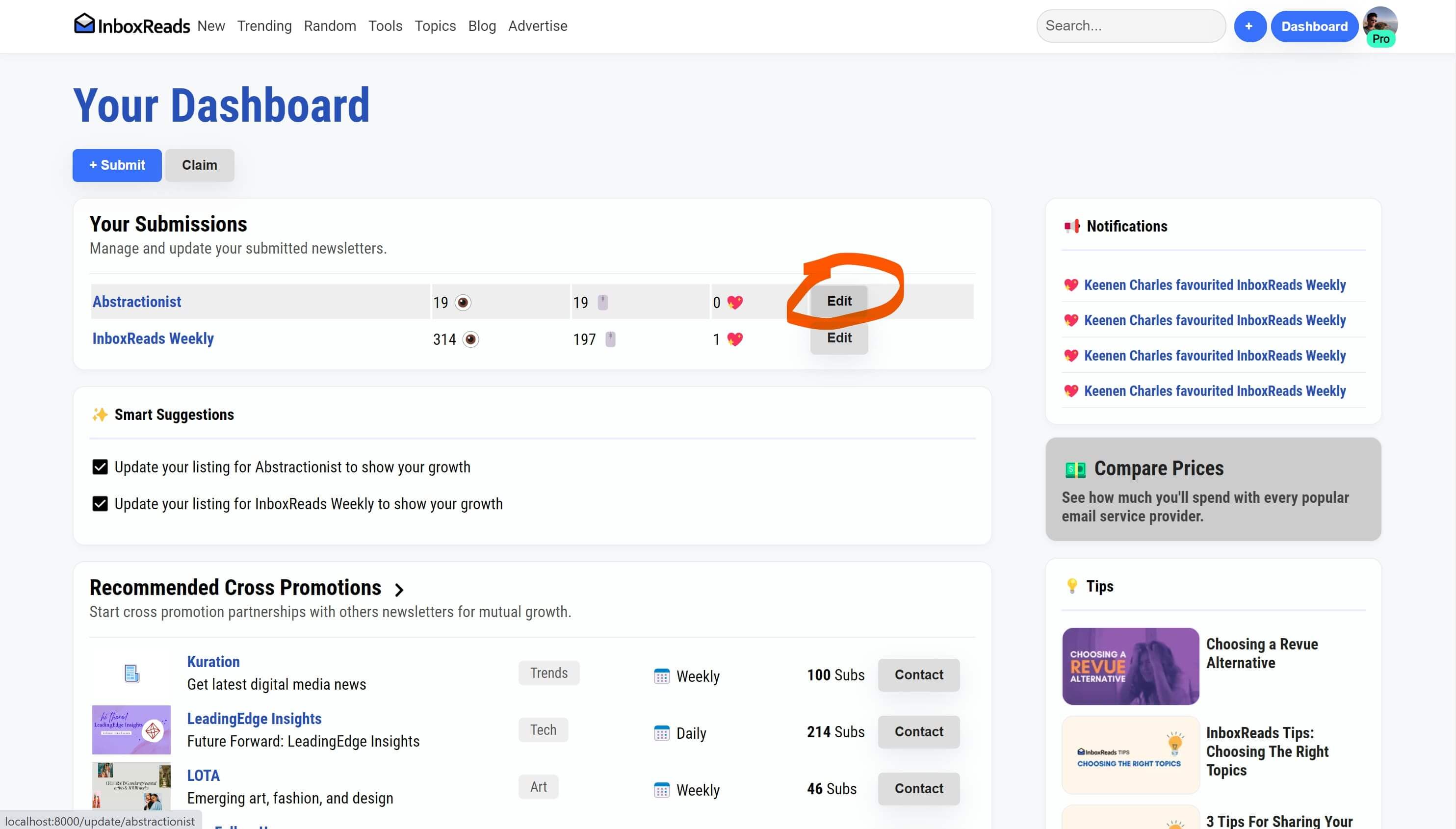 Edit button for newsletter in InboxReads dashboard