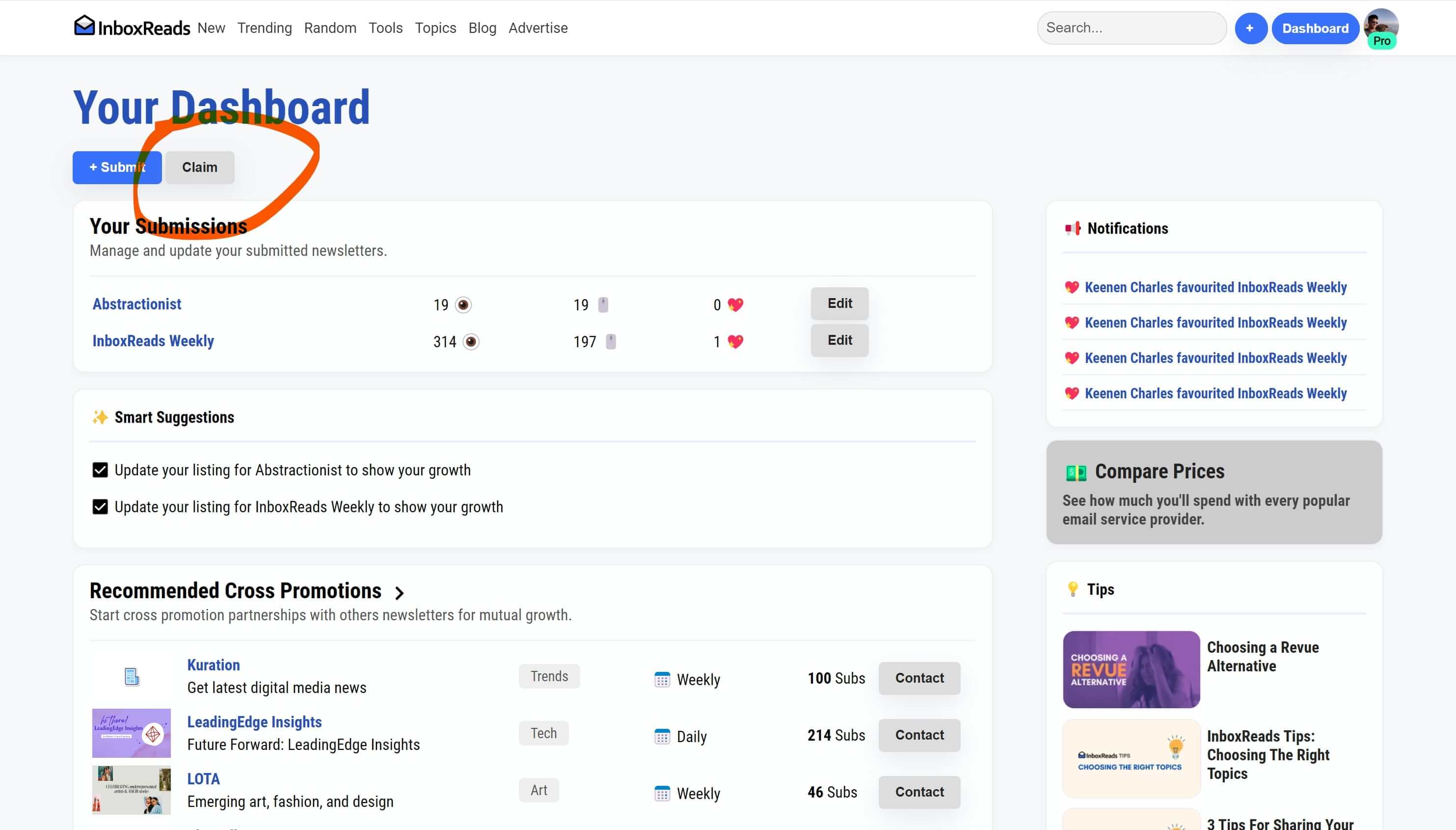Claim button on the InboxReads dashboard