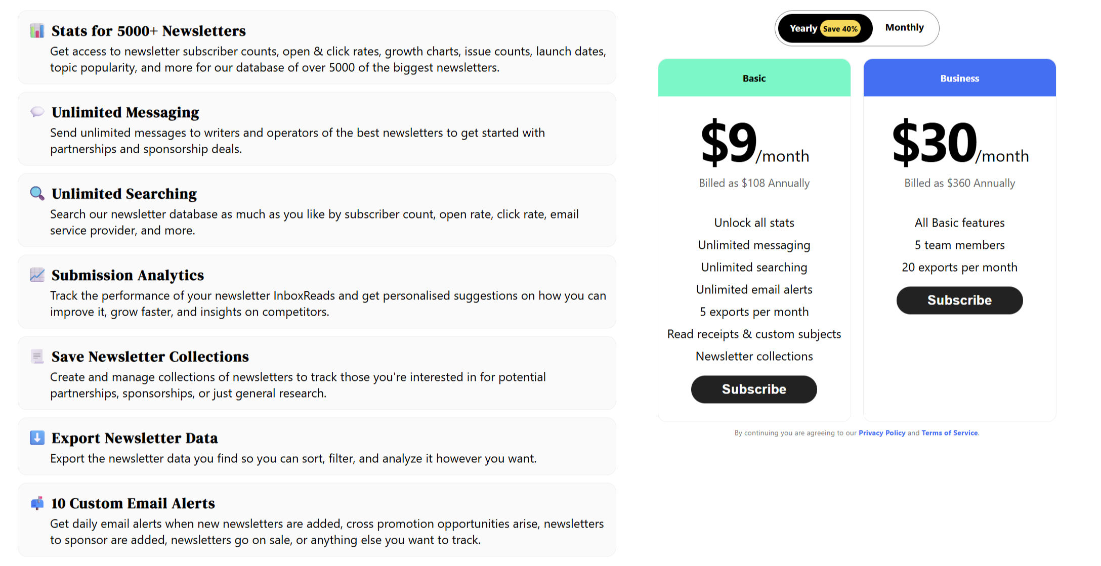 Screenshot of the basic and business plans for InboxReads Pro