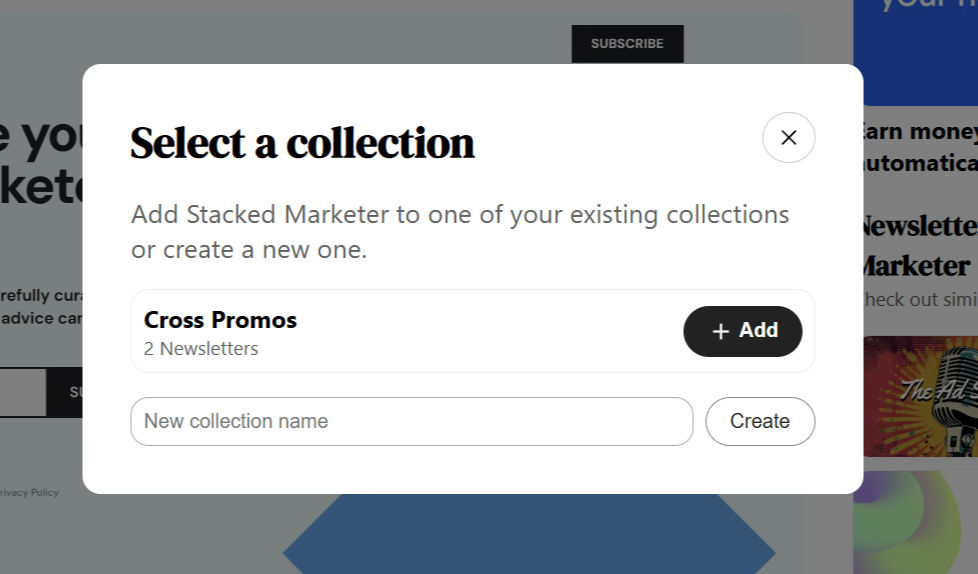 Screenshot of adding a newsletter to a collection