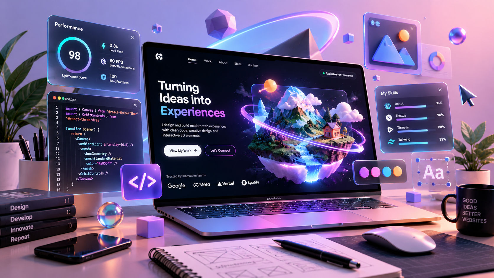 Curated showcase of creative web developer portfolios featuring interactive terminal screens, 3D elements, and modern UI cards on glass devices.