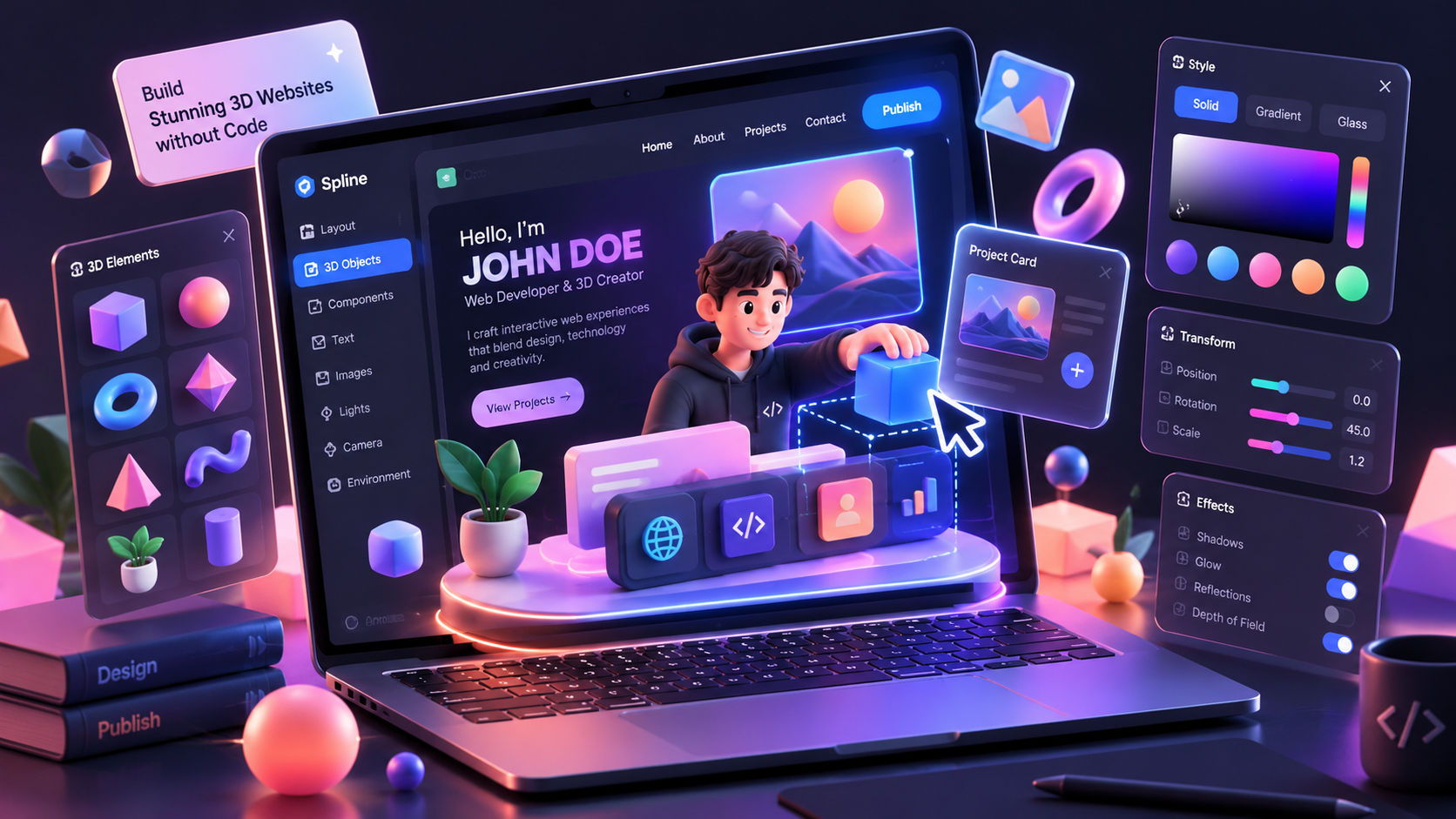 Futuristic 3D isometric workspace with floating interactive cards and glowing glass UI elements representing modern web portfolio design.