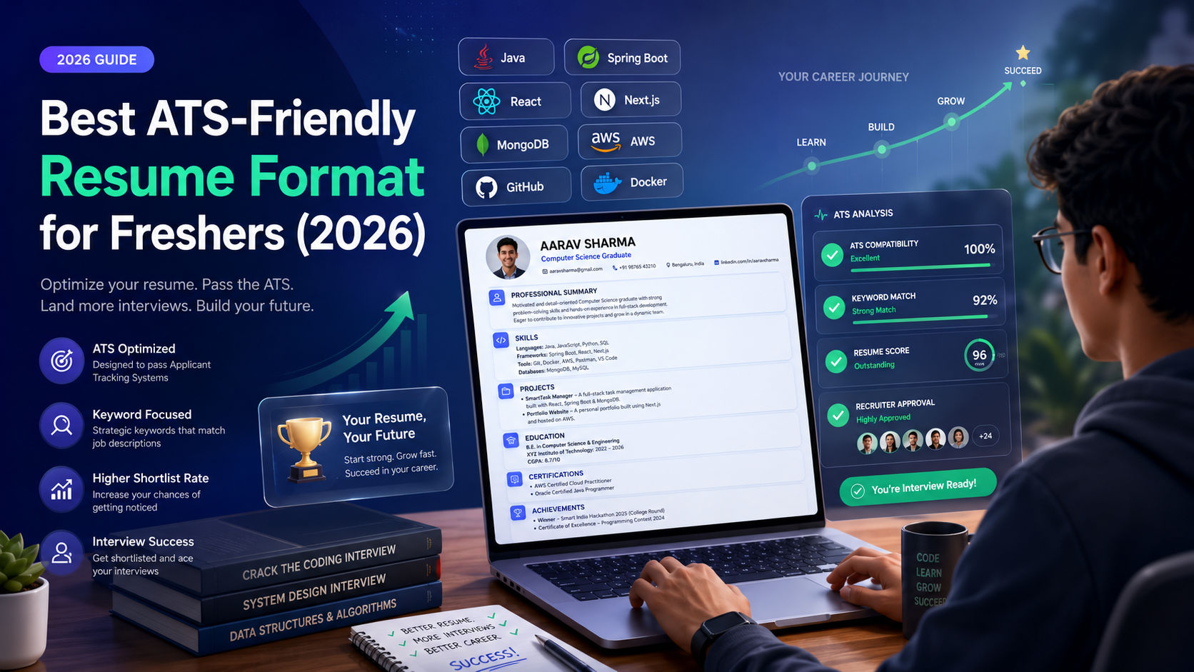 Graduate reviewing an ATS-friendly resume on a laptop while an applicant tracking system analyzes skills, projects, and keywords for job applications in 2026
