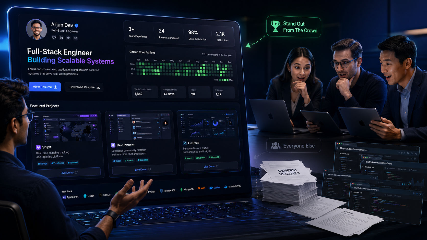Software engineer presenting a one-page digital portfolio during a tech interview, showcasing GitHub statistics, featured projects, achievements, and resumes