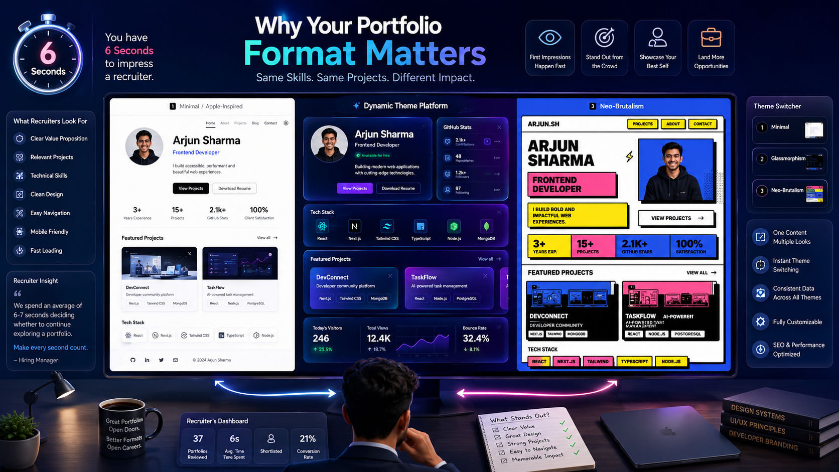 Developer portfolio design comparison featuring minimal, glassmorphism, and brutal layouts reviewed by a recruiter during a six-second portfolio screening