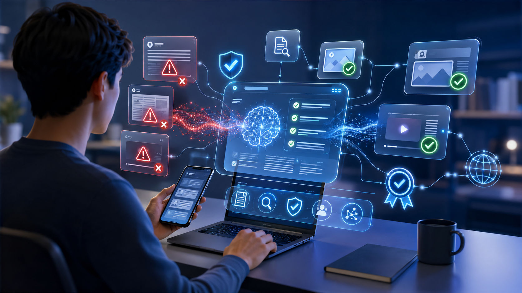 Person analyzing online news and social media posts with AI-powered verification tools, fact-check symbols, trusted source icons, and digital security interface