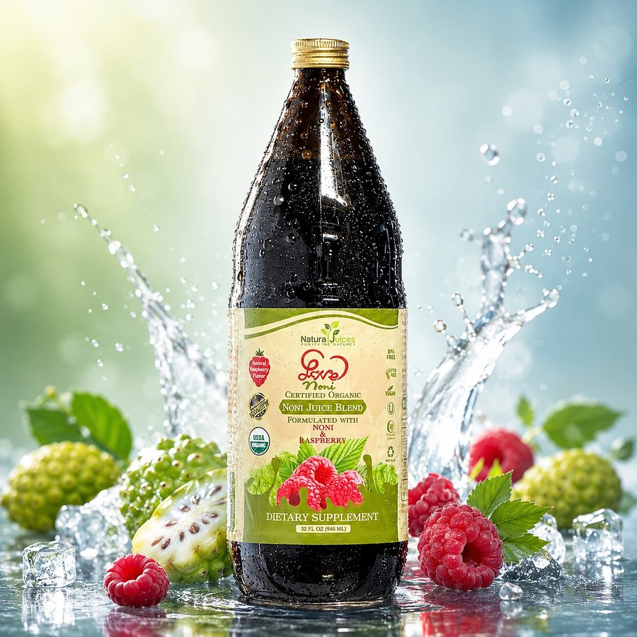 NaturalJuices Organic Certified Love Noni Juice Blend with Raspberry