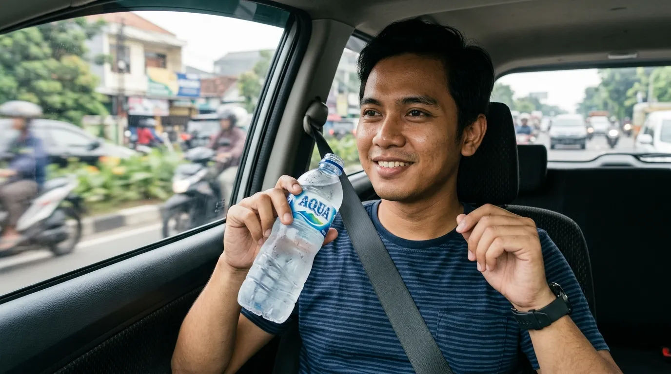 Seseorang memegang botol air mineral saat berada di dalam mobil