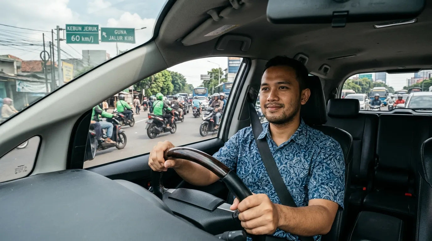 Tangan pengemudi yang memegang kemudi dengan tenang sebagai simbol kendali diri