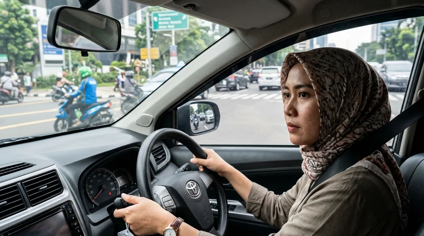 Pengemudi sedang memperhatikan spion sebelum menyalip di jalan raya