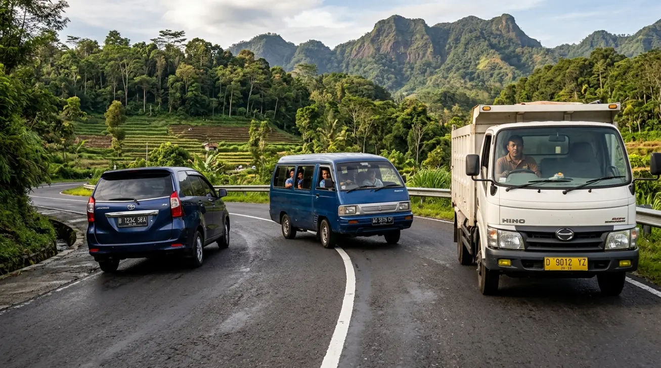 Marka jalan garis utuh di jalanan pegunungan yang berkelok