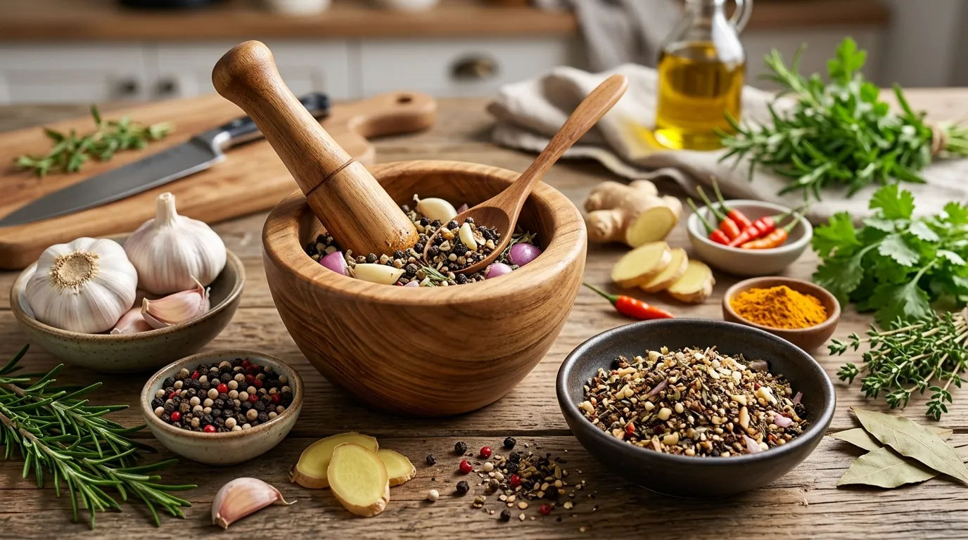 Berbagai jenis rempah alami seperti bawang dan lada sebagai pengganti garam