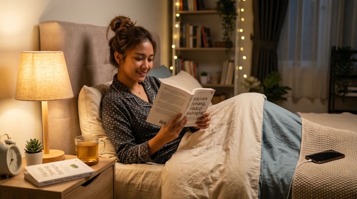Seorang individu melakukan digital detox dengan membaca buku sebelum tidur