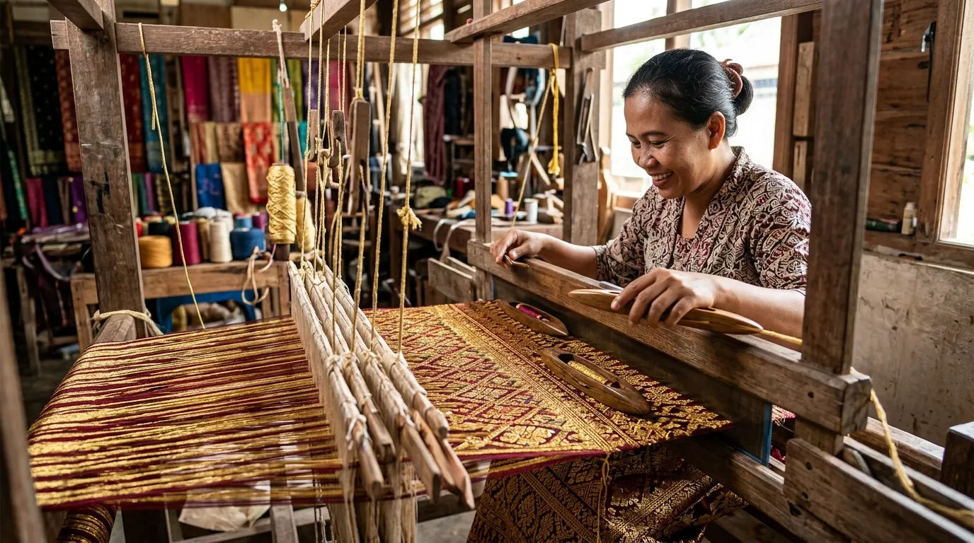 Pengrajin sedang mengerjakan motif songket menggunakan alat tenun bukan mesin atau ATBM