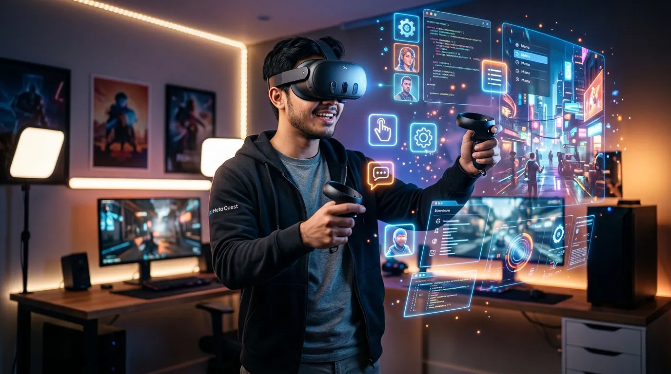 Pengguna menggunakan headset VR Meta Quest untuk interaksi digital