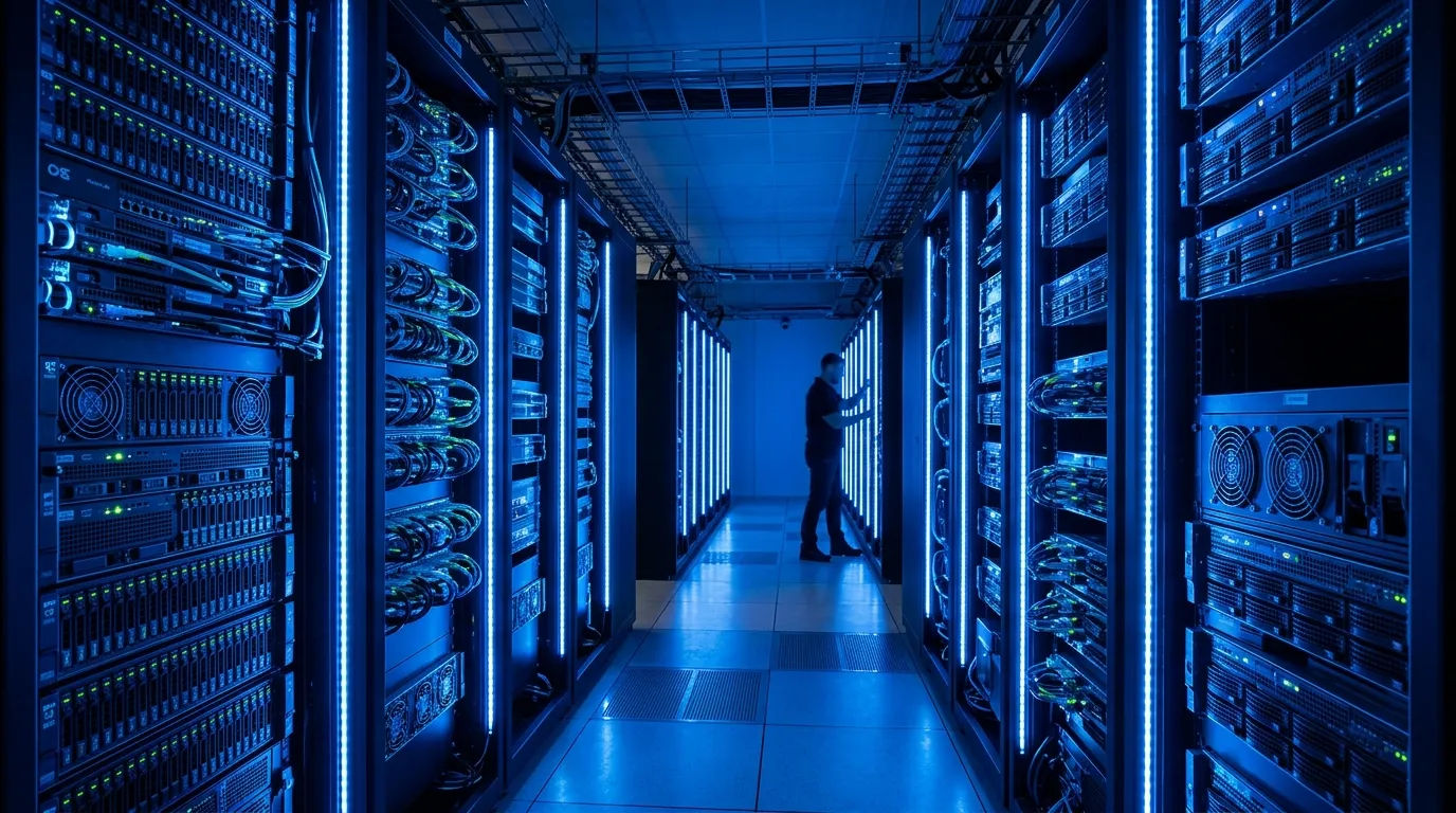 Server data center dengan pencahayaan LED biru