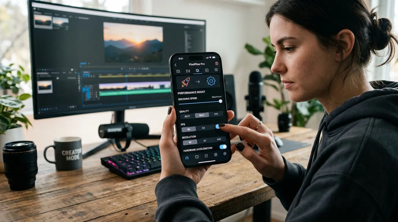 Seorang pengguna sedang mengatur aplikasi video di smartphone untuk mendapatkan performa terbaik