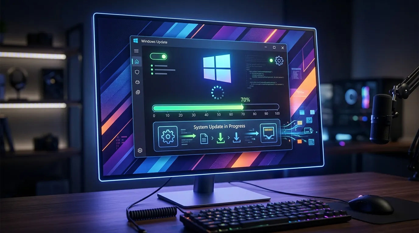 Ilustrasi layar komputer sedang memproses pembaruan sistem operasi Windows secara otomatis