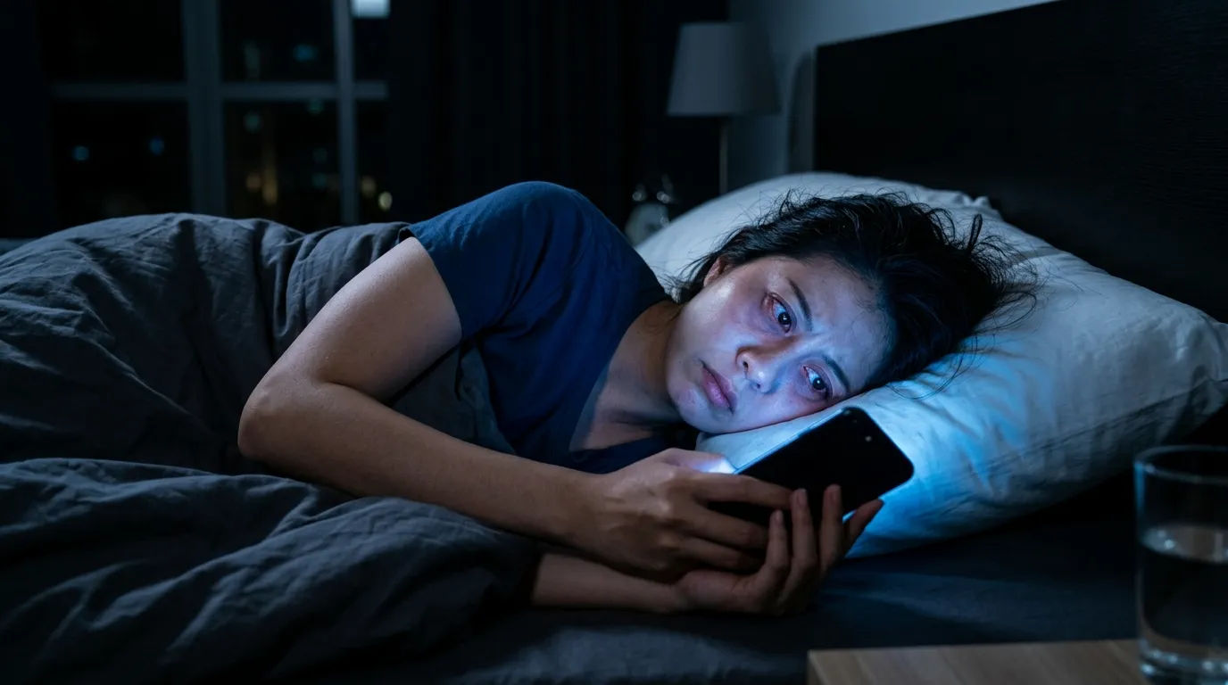 Ilustrasi seseorang mengalami kesulitan tidur akibat paparan cahaya biru dari ponsel pintar di malam hari