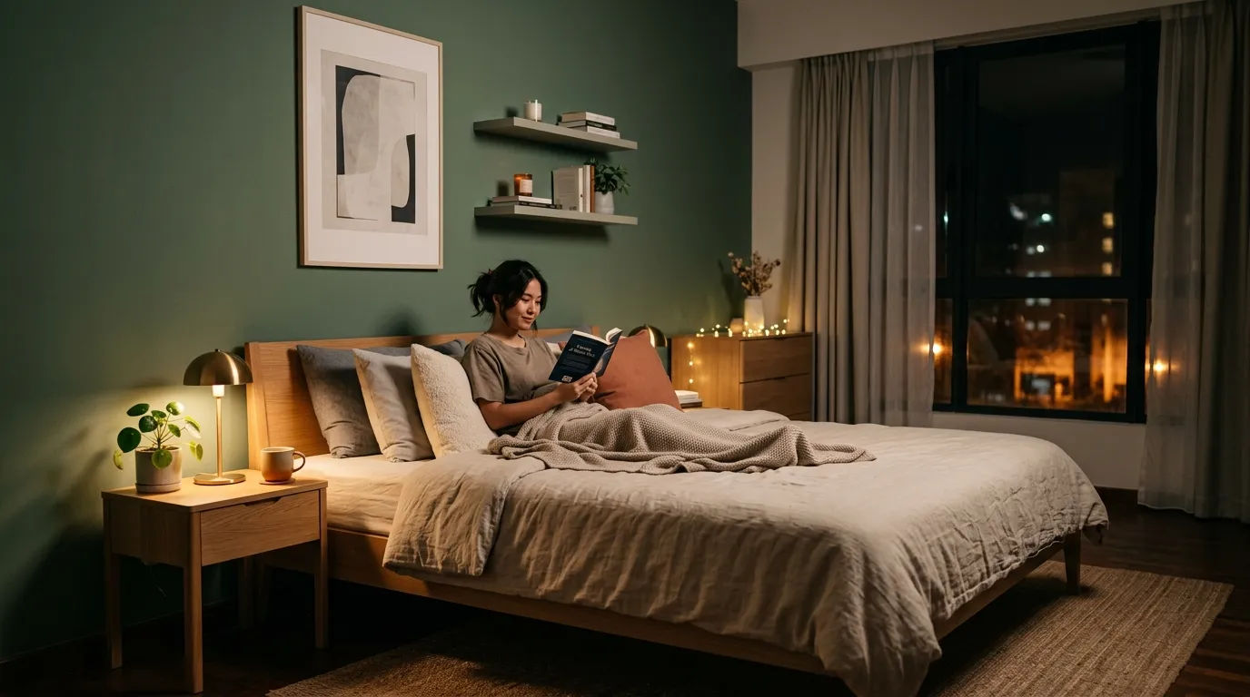 Suasana kamar tidur minimalis dengan pencahayaan redup