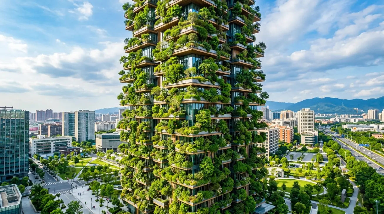 Visualisasi menara hijau dengan ribuan tanaman di fasad gedung