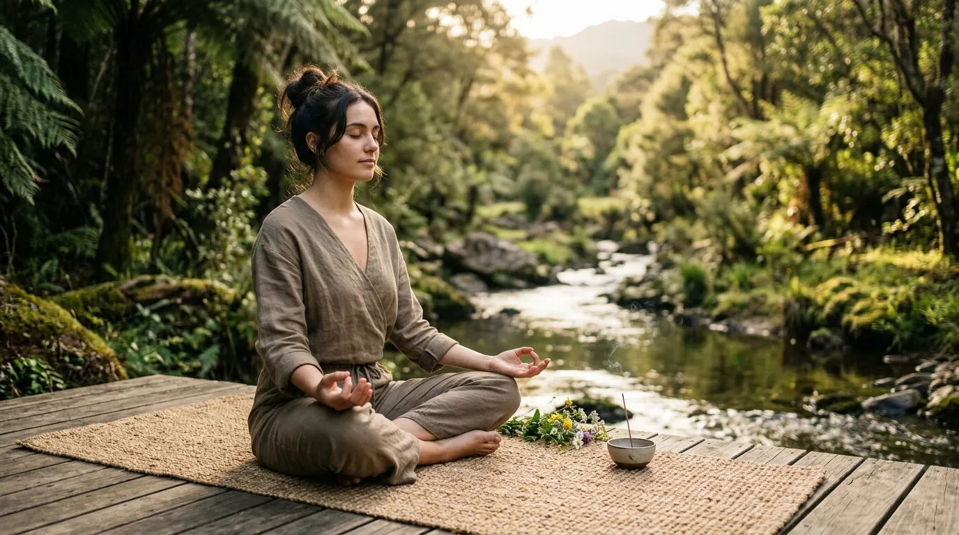 Seseorang melakukan meditasi mindfulness di lingkungan tenang
