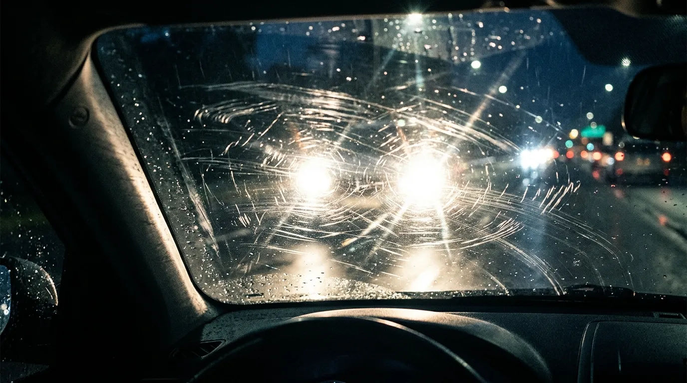 Ilustrasi efek silau lampu depan pada kaca mobil yang baret