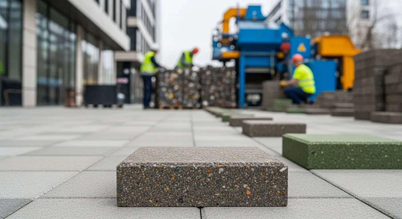 Proses pemasangan paving block hasil daur ulang pada area publik perkotaan