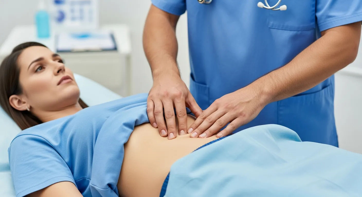 Pemeriksaan stetoskop pada perut pasien untuk diagnosis medis
