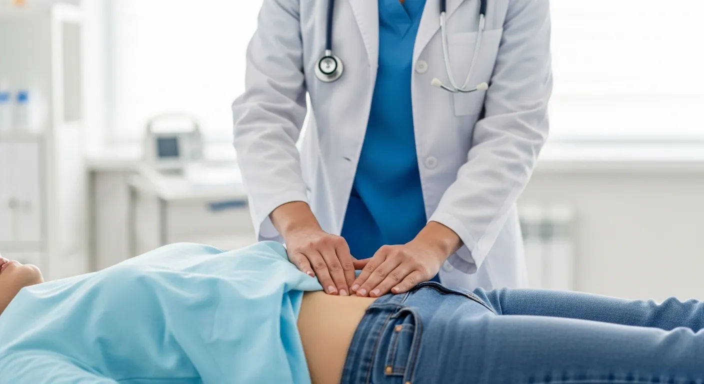 Ilustrasi pemeriksaan medis pada area abdomen pasien yang mengalami gejala apendisitis.