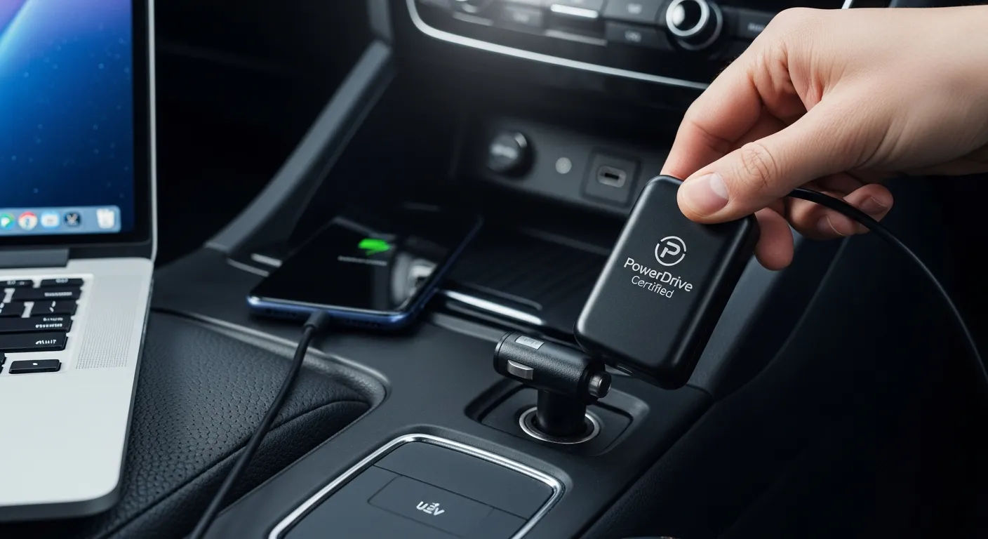 Interior mobil modern dengan berbagai port pengisian daya di konsol tengah