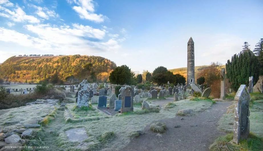 Round tower and graveyard in Glendalough, Wicklow National Park