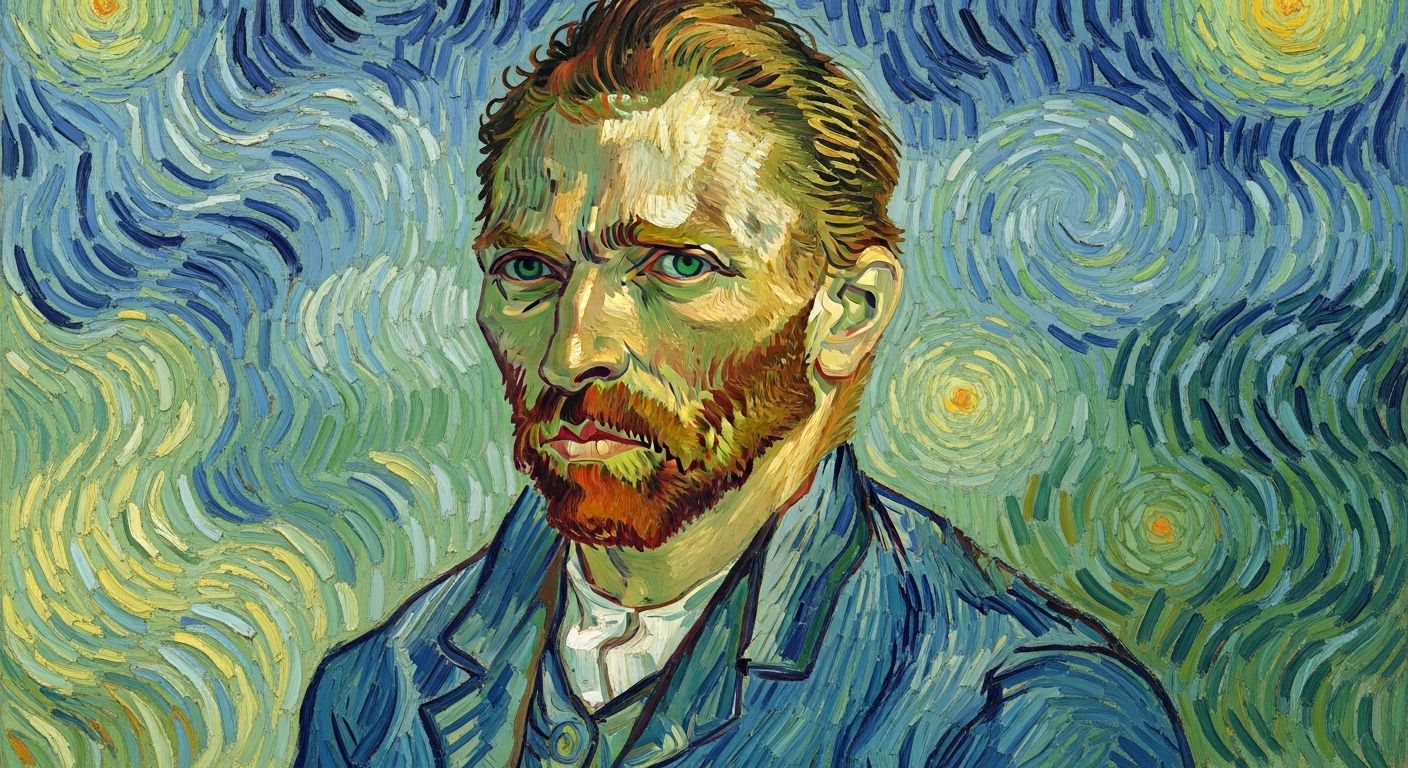 Van Gogh last self-portrait oil painting with somber expression and thick impasto brushwork