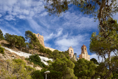 Castle of Cullera. A solitary building stands on a hill, surrounded by lush trees, against a vibrant blue sky.