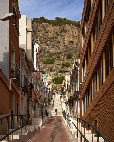 Streets of Cullera with the Cullera Mountain on the background