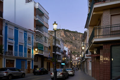 Streets of Cullera with the Cullera Mountain on the background