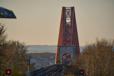 Train crossing the Forth Bridge at sunset.