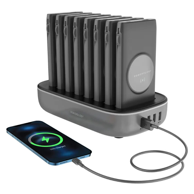 Powerology 8 in 1 Power Bank Station with Built-In Lightning and Type-C Cable a
