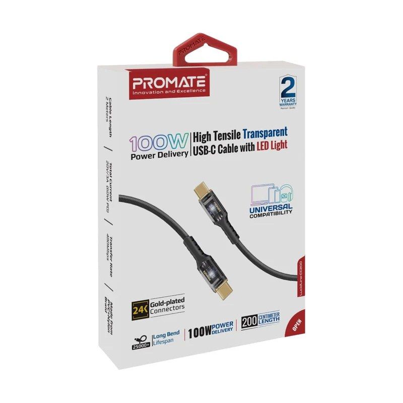 Promate High Tensile Transparent 100W Power Delivery USB-C Cable with LED Light image