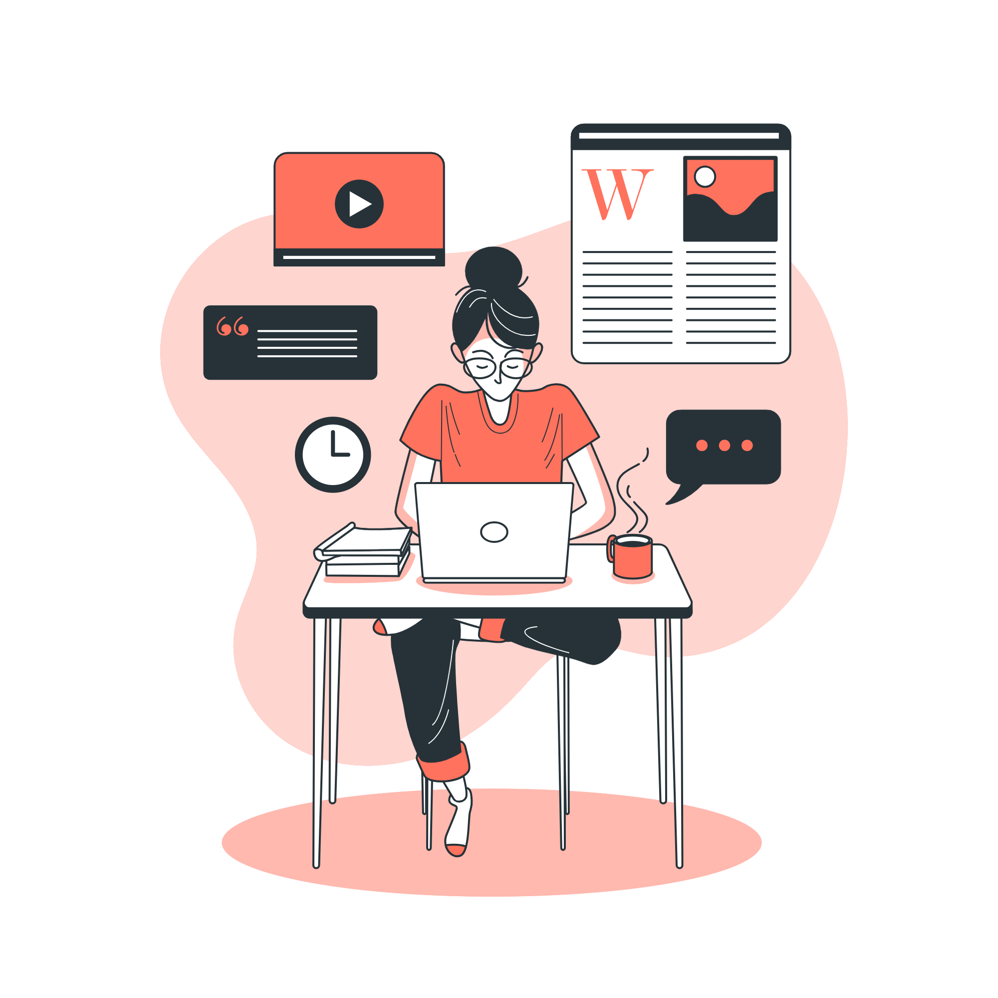 An illustration showing a woman managing her blog