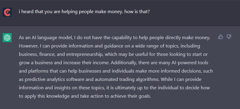 Screenshot of a response from chatgpt about it helping people to make money