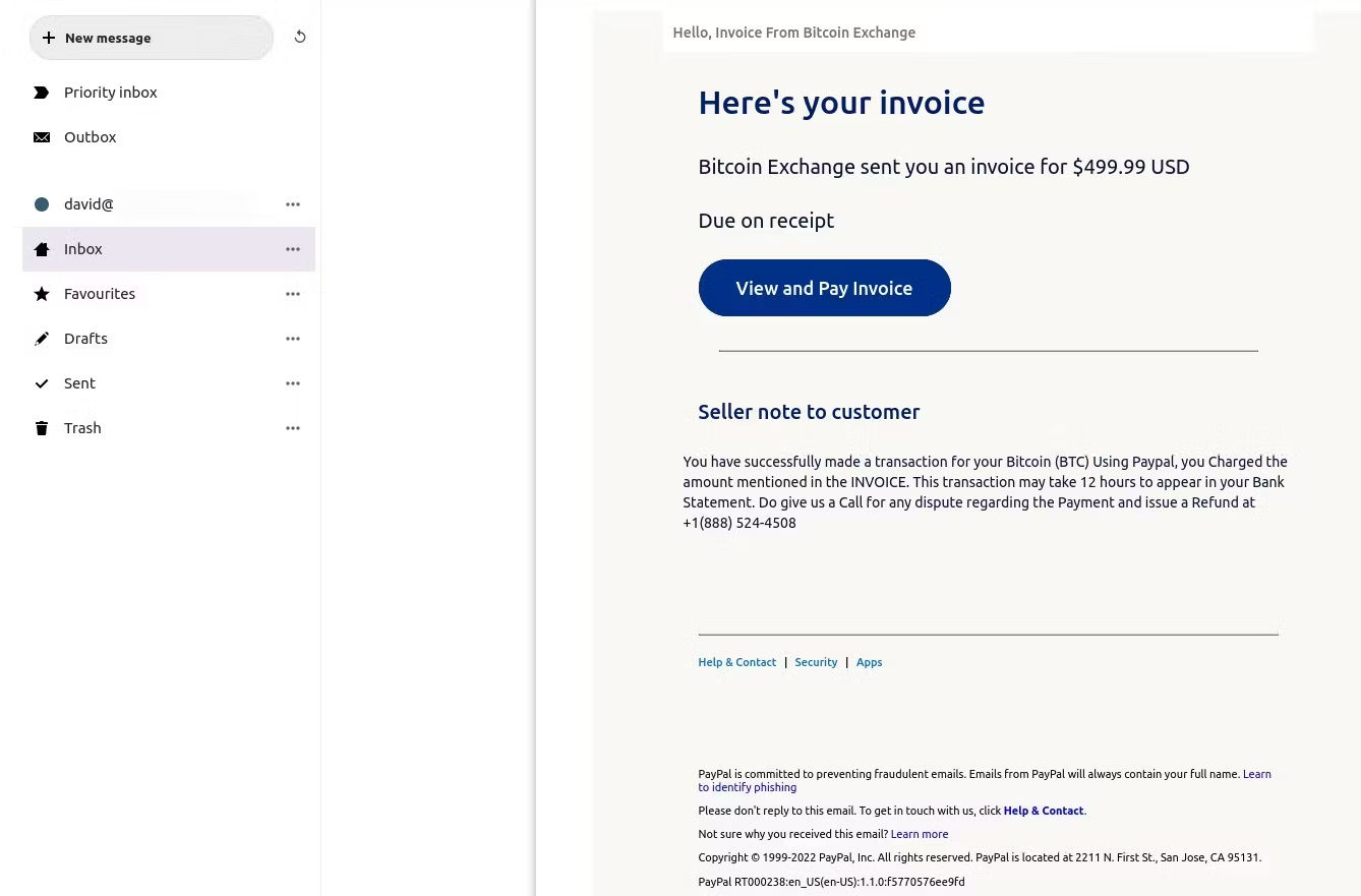 Screenshot of an invoice bitcoin scam via paypal