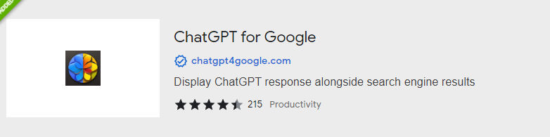 Screenshot of the chatgpt for google  extension with rating  from chrome web store