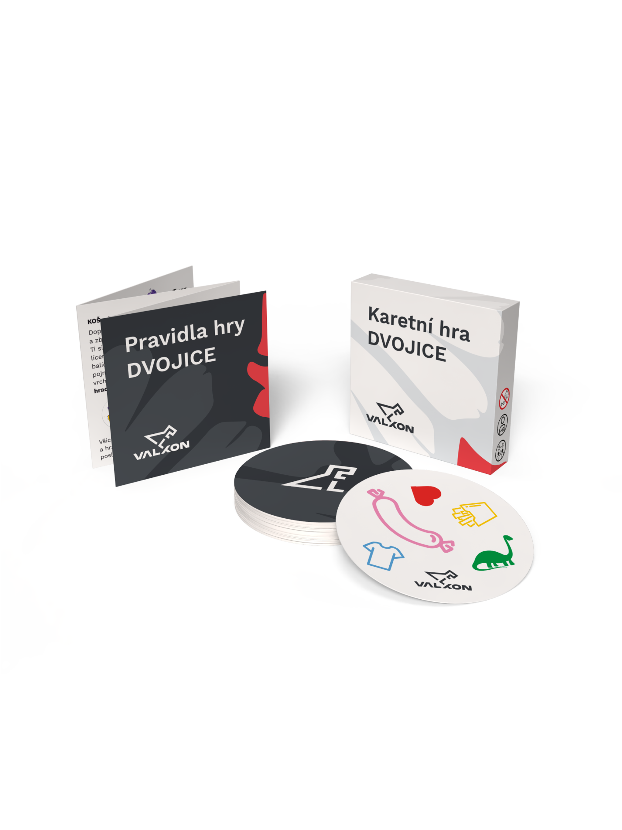 Karetní hra Dvojice — krabička, návod a karty se symboly