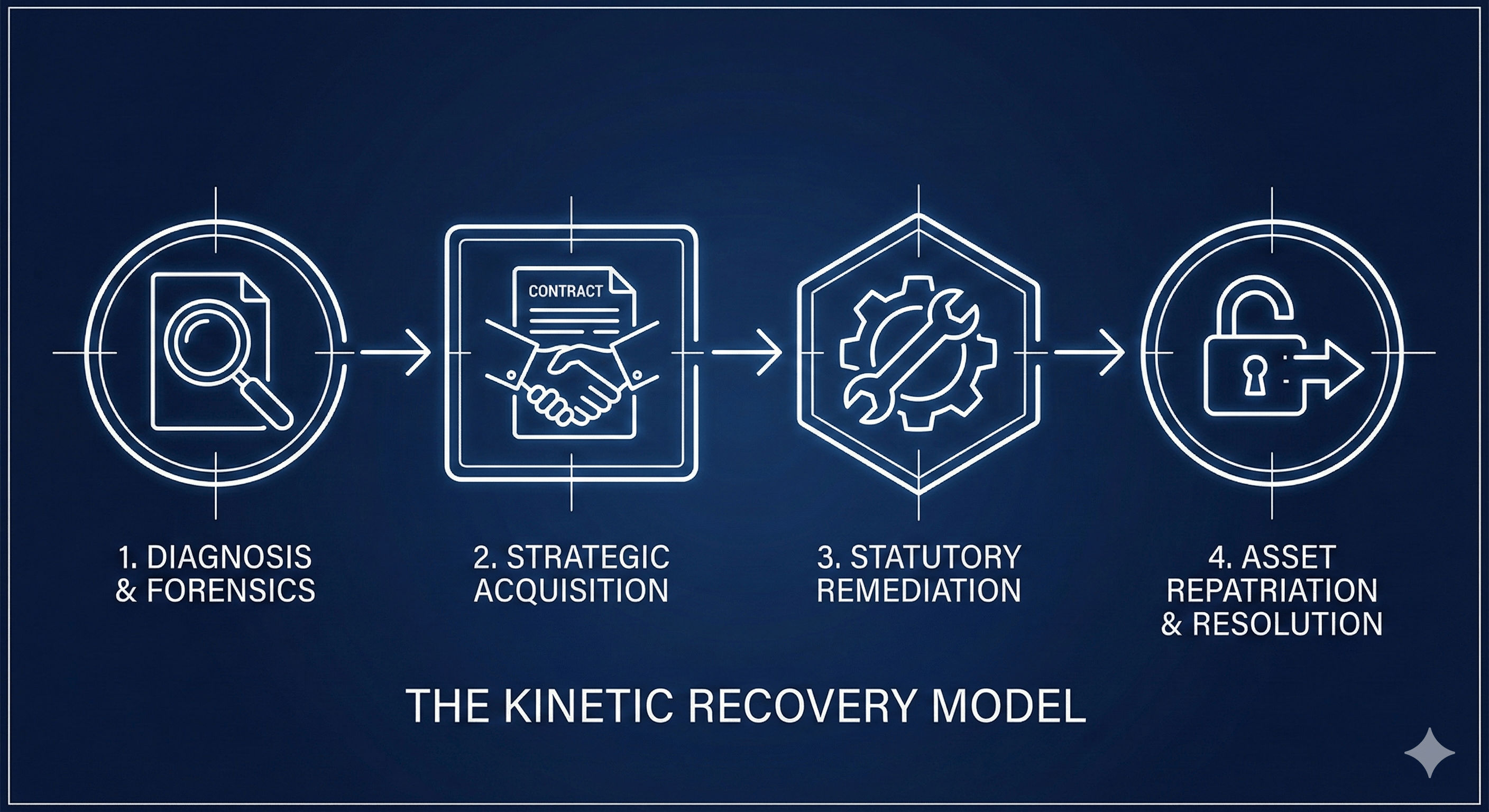 Kinetic recovery model flowchart showing four-phase process: diagnosis through forensic accounting, acquisition with capital deployment, remediation with regulatory cure, and resolution with asset repatriation and dissolution