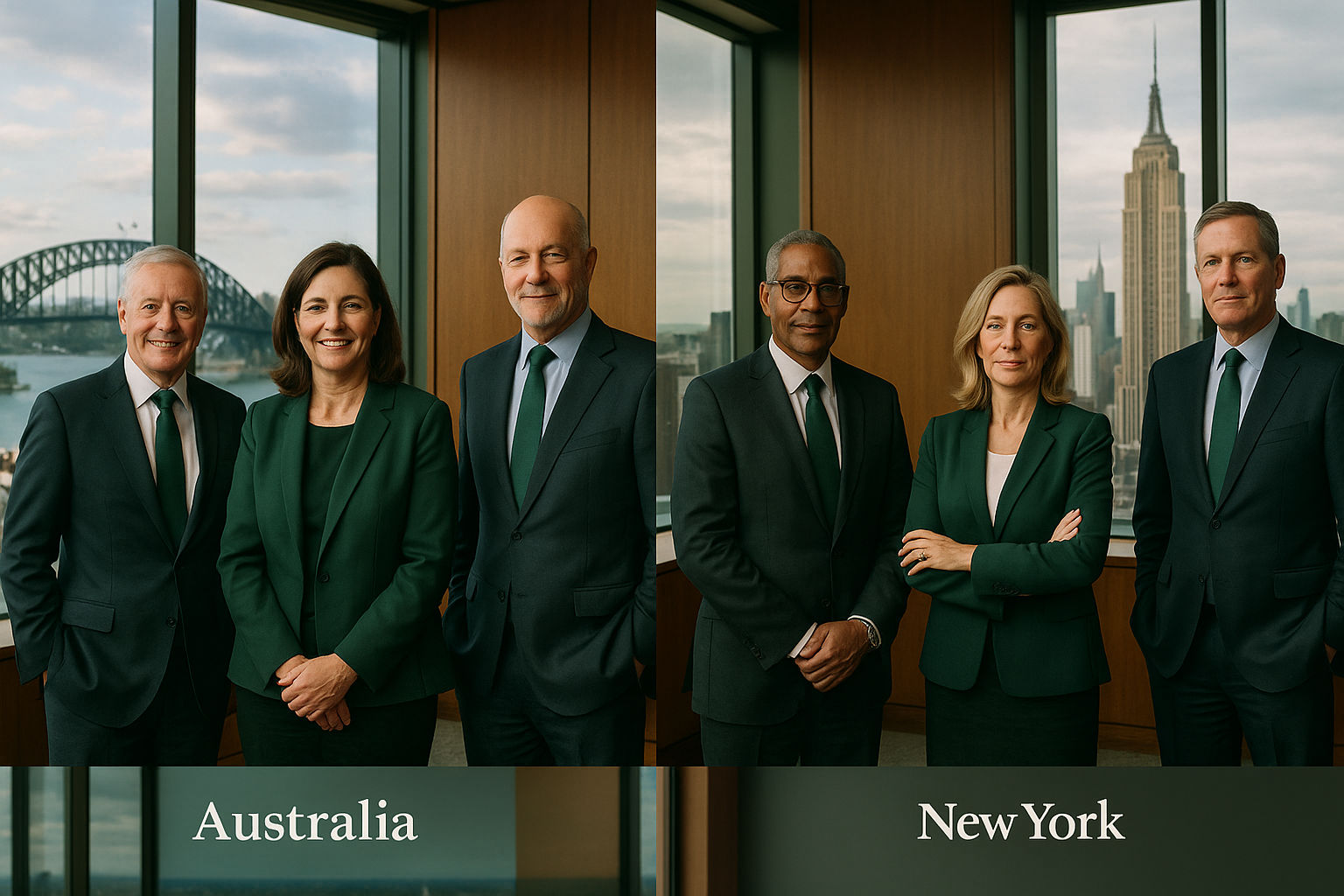 Professional composite image of Your Legacy Method's global executive advisory team with Australia office featuring Sydney harbor view and USA office showing New York cityscape, representing international expertise in family business expansion and legacy preservation