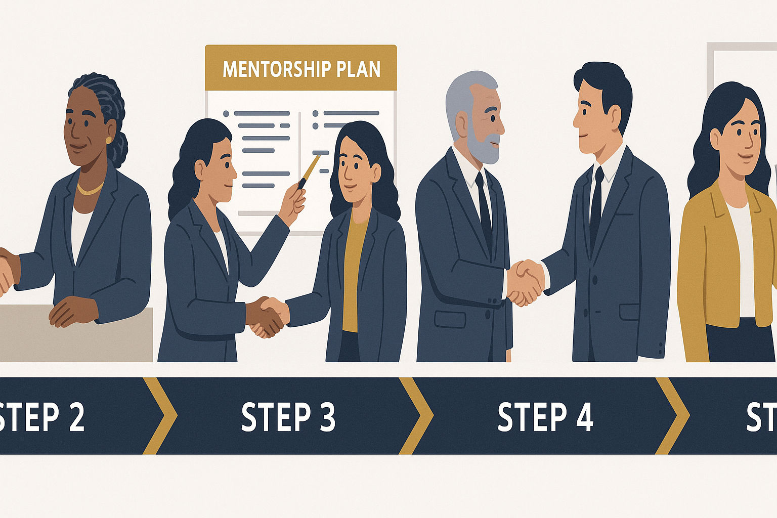Mentoring Journey infographic showing the comprehensive succession process and mentoring pathway for business owners transitioning to qualified licensees, illustrating the step-by-step timeline from initial consultation through successful handover with optional ongoing mentorship and advisory roles