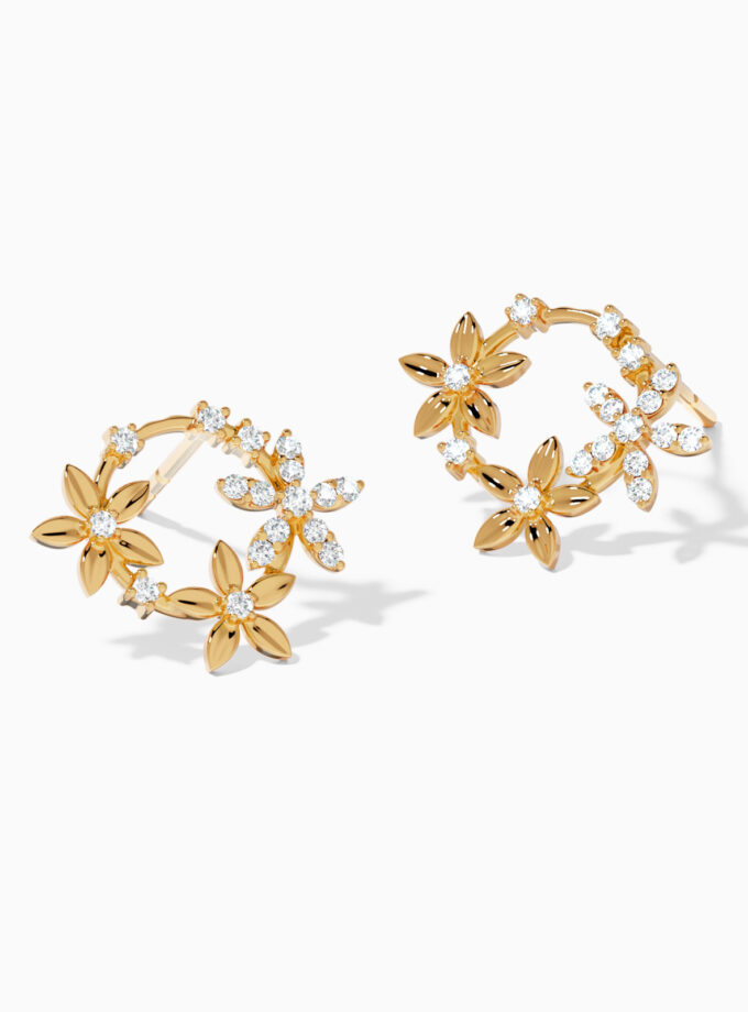 Tri-Flower Diamond Gold Stud Earrings | Hoop Earrings | Varudai
